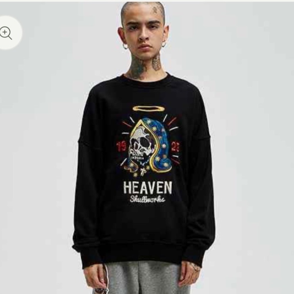 HEAVEN Skullworks Black‎ Graphic Sweatshirt Mens Size XL Tattoo Art Grim Reaper